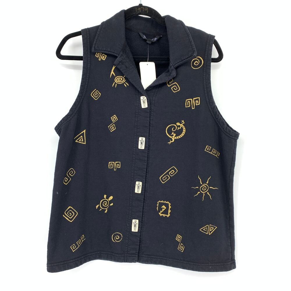 Vintage Button Front Vest Womens Size Small Black Gold Pictograph Design